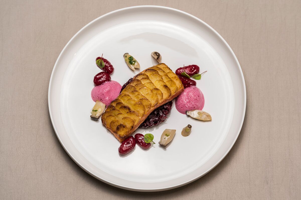 Salmon with potato crust Beetroot duet