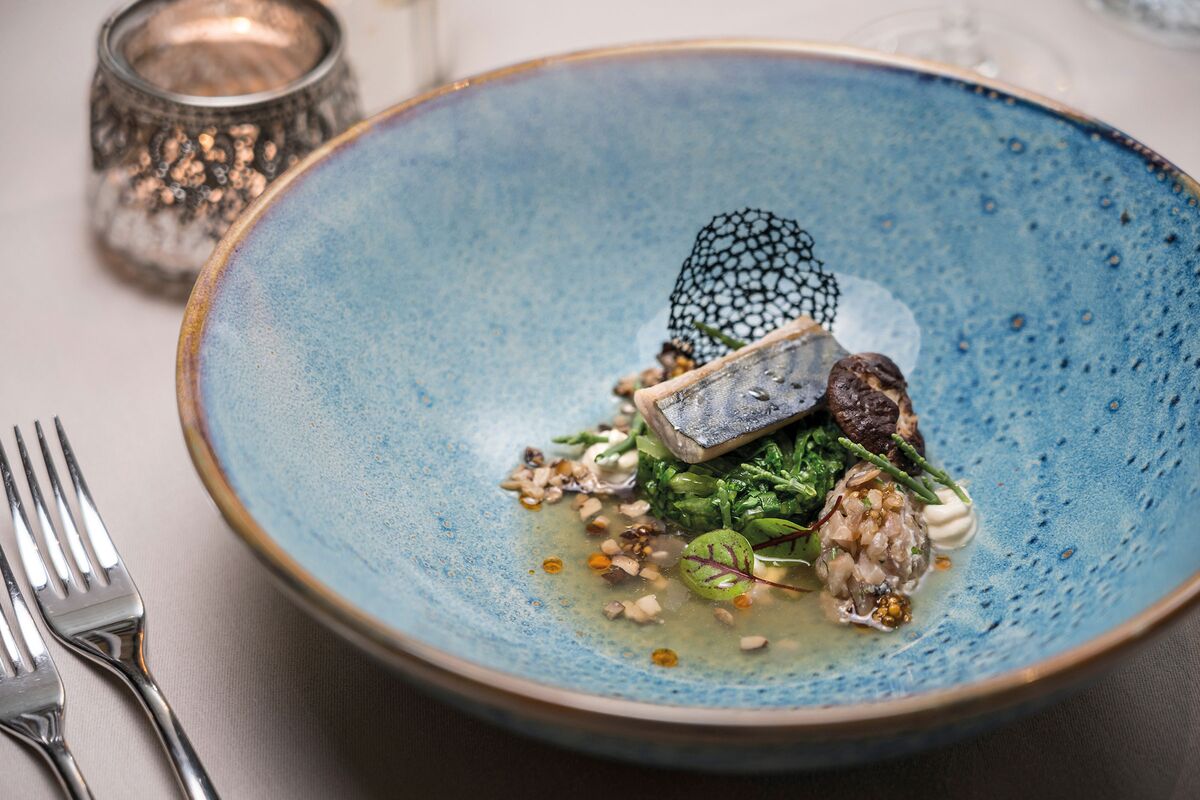 Starter Mackerel with mackerel mackerel tartare dashi brew kombu seaweed miso cream shiitake mushroom and pak choi